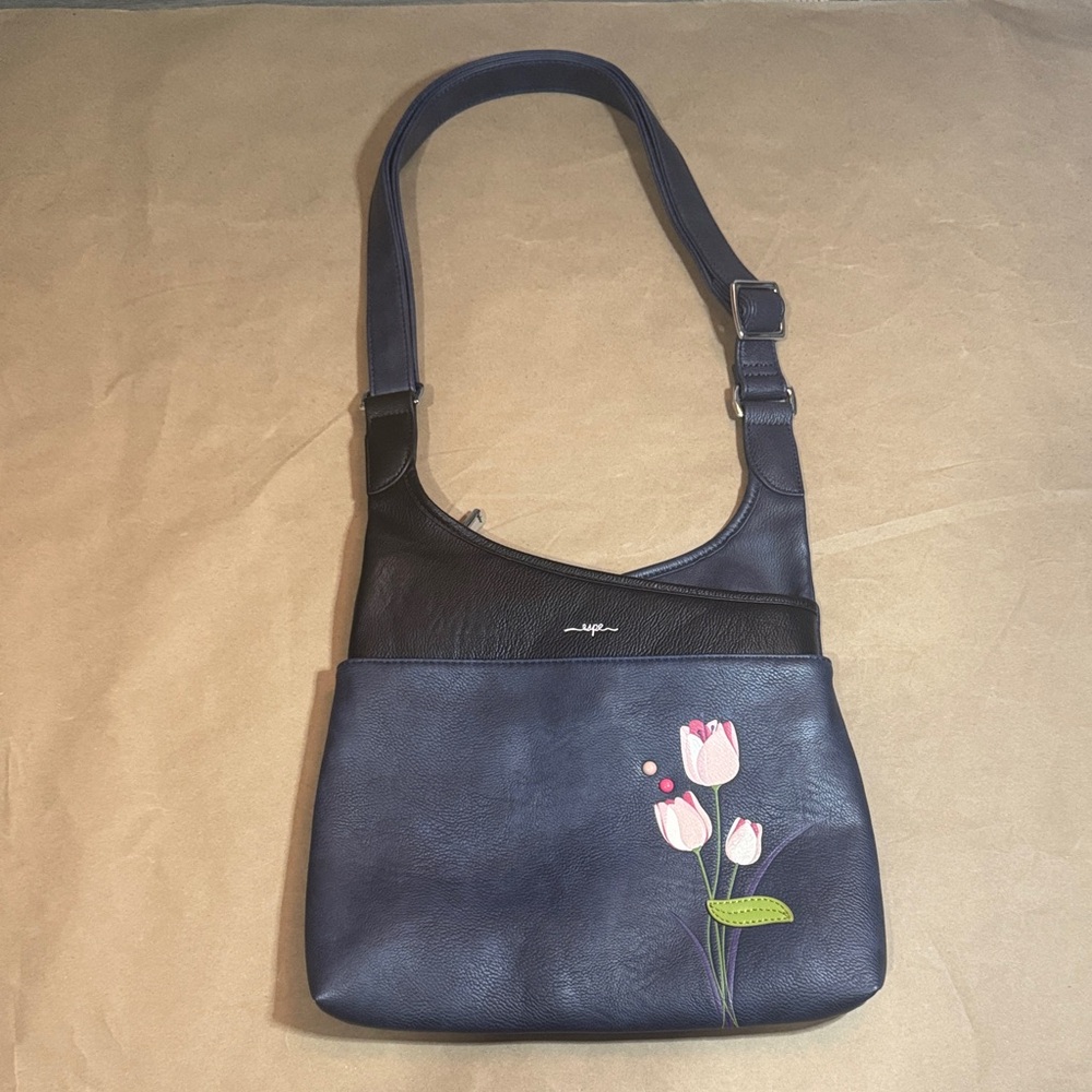 Elegant Navy Shoulder Bag with Floral Design